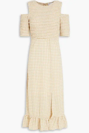 Ganni Cold-shoulder gingham seersucker midi dress - Neutral