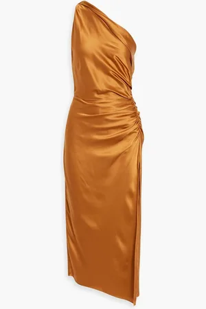 Michelle Mason One-shoulder ruched silk-satin midi dress - Metallic
