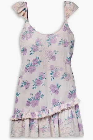 LOVESHACKFANCY Divina lace-appliquéd floral-print crepe de chine mini dress - Purple