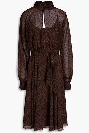 MIKAEL AGHAL Gathered printed metallic fil coupé chiffon midi dress