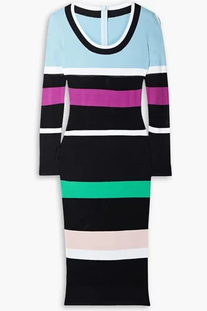 Sergio Hudson Mesh-paneled striped stretch-knit midi dress