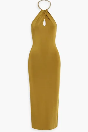 GALVAN Cleopatra chain-embellished stretch-knit halterneck midi dress - Yellow