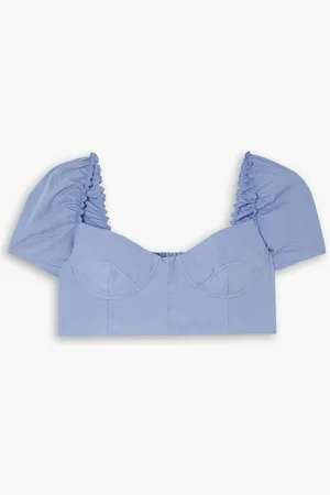 EMPORIO Kalitha cropped shirred ruffled cotton-poplin top - Blue