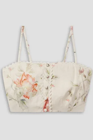 LOVESHACKFANCY Emmalou cropped crochet-trimmed floral-print linen top - White