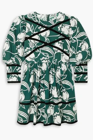 BATSHEVA Clemmie velvet-trimmed floral-print cotton-poplin mini dress - Green