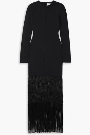 GALVAN Fringed macramé-trimmed knitted midi dress