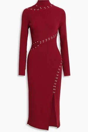 Nicholas Cutout ring-embellished ribbed-knit turtleneck midi dress - Red