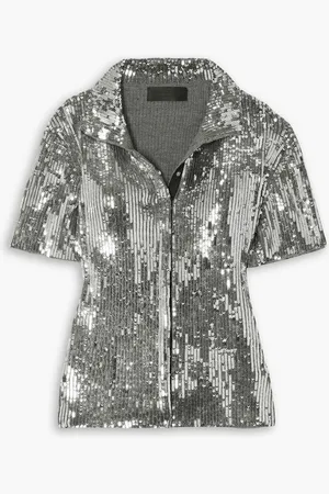 NILI LOTAN Oskar ribbed sequined merino wool polo top - Metallic