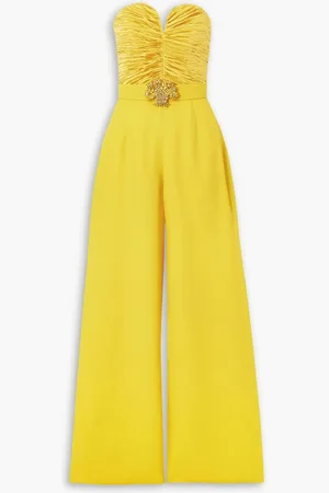ANDREW GN Strapless embellished ruched plissé-satin and crepe jumpsuit