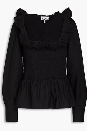 Ganni Smocked cotton-poplin blouse