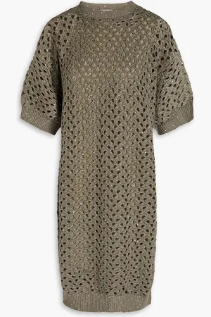 Brunello Cucinelli Embellished open-knit cotton, linen and silk-blend mini dress - Green