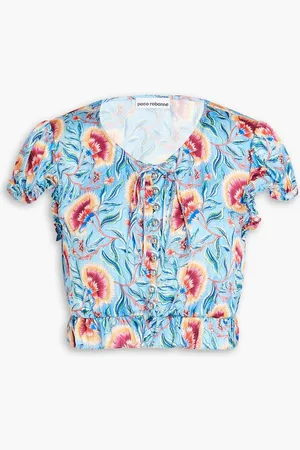 Paco rabanne Ruffled cropped floral-print satin top - Blue