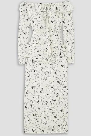 Alessandra Rich Off-the-shoulder floral-print silk crepe de chine midi dress - White