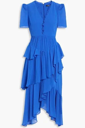 Badgley Mischka Asymmetric tiered crepe dress - Blue