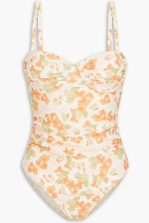 Peony Ruched floral-print underwired stretch-ECONYL® swimsuit - Orange