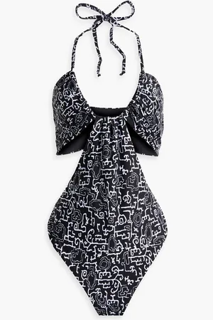 ROSETTA GETTY Ruched cutout printed halterneck swimsuit