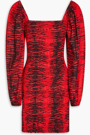 Ganni Shirred printed cotton-poplin mini dress