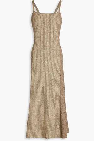 Ganni Open-back ribbed-knit midi dress - Brown