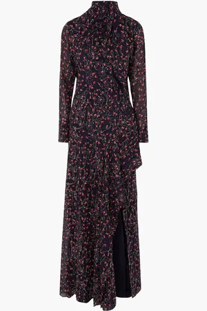 Chloé Pussy-bow embroidered floral-print silk-georgette gown - Blue
