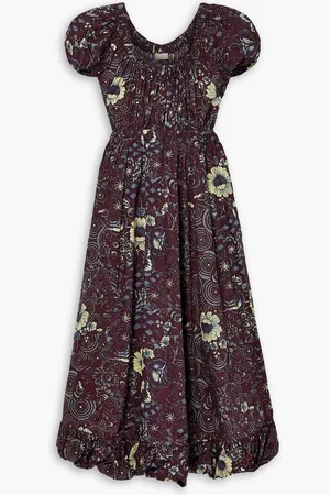 ULLA JOHNSON Nanette gathered printed cotton-poplin midi dress