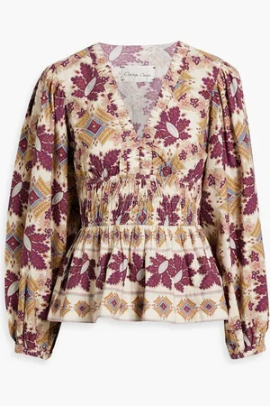 Cara Cara Emmery shirred printed cotton-poplin blouse - Neutral