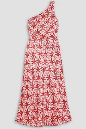 SALONI Justine one-shoulder printed silk-satin midi dress - White