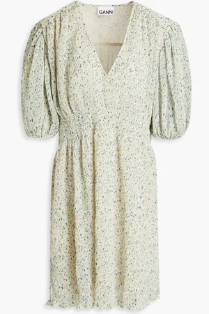 Ganni Floral-print plissé recycled georgette mini dress - Neutral