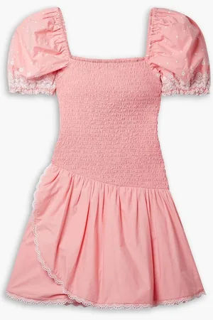 LOVESHACKFANCY Asa broderie anglaise-trimmed shirred cotton-poplin mini dress - Pink