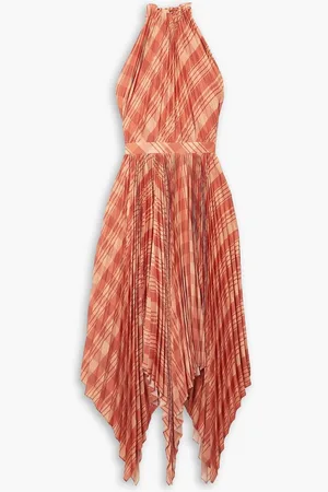 Altuzarra Dahlia asymmetric checked plissé crepe de chine halterneck midi dress - Orange