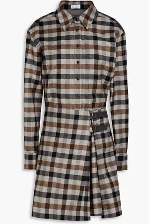 Brunello Cucinelli Checked wool-blend flannel mini shirt dress - Gray
