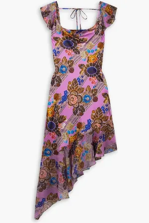 RODARTE Asymmetric floral-print chiffon-trimmed silk-satin midi dress - Purple