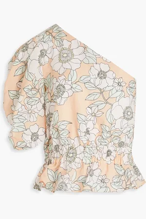 Claudie Pierlot One-sleeve floral-print Lyocell and linen-blend peplum top - Orange