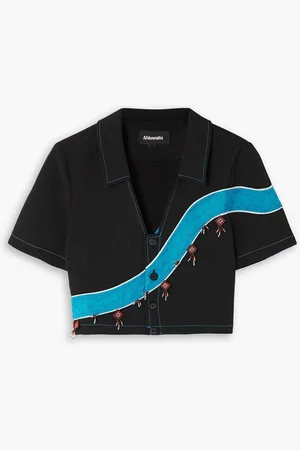 Ahluwalia Priya cropped embellished cloqué-trimmed piqué top