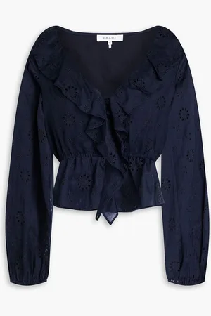 Frame Ruffled broderie anglaise ramie blouse - Blue