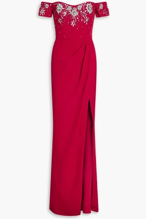 Marchesa Notte Off-the-shoulder embellished crepe gown