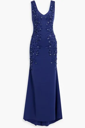 Badgley Mischka Crystal-embellished laser-cut scuba gown - Blue