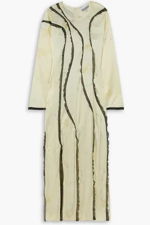 Ganni Lace-trimmed floral-print stretch-silk satin maxi dress - Yellow