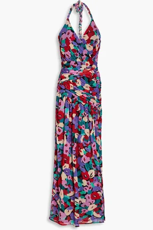 Nicholas Ruched printed stretch-mesh halterneck midi dress