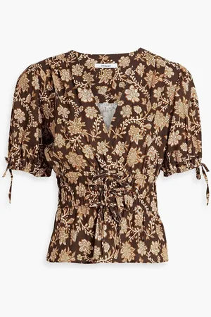 Derek Lam Rhea wrap-effect printed linen-blend top - Brown