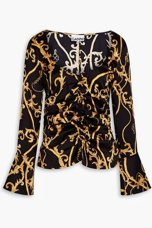 Ganni Ruched printed silk-blend satin blouse