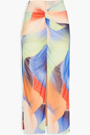 Nicholas Printed ruched stretch-mesh midi skirt