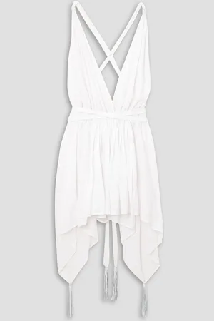 Caravana Chuj asymmetric leather-trimmed cotton-gauze halterneck mini dress