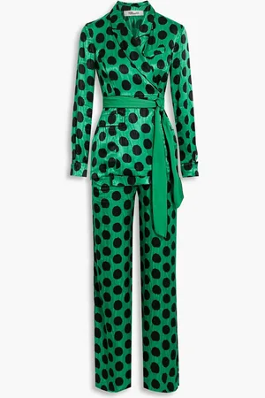 Diane von Furstenberg Clyde wrap-effect polka-dot satin-jacquard wide-leg jumpsuit