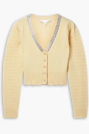 LOVESHACKFANCY Brynner cropped crystal-embellished pointelle-trimmed wool and cashmere-blend cardigan - Yellow