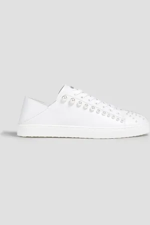 Stuart Weitzman Goldie faux-pearl embellished leather collapsible-heel sneakers