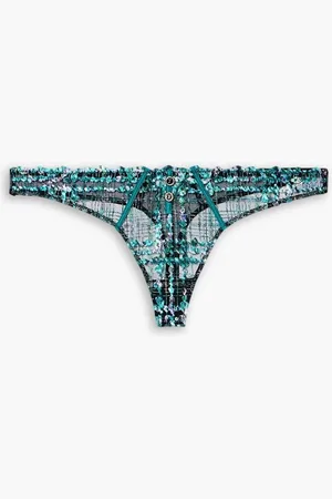 FLEUR DU MAL Gabrielle embellished embroidered tulle thong - Blue