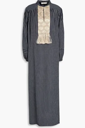 Tory Burch Pompom-embellished striped cotton macramé kaftan - Blue
