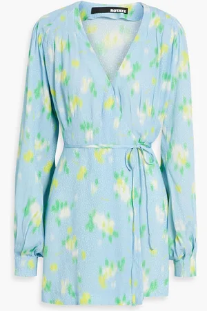 ROTATE Pleated printed jacquard mini wrap dress - Blue