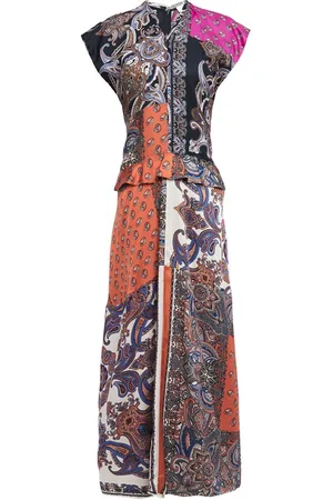 Chloé Patchwork-effect printed satin-twill peplum maxi dress - Blue