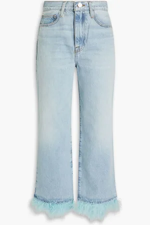Frame Cropped feather-embellished high-rise straight-leg jeans - Blue